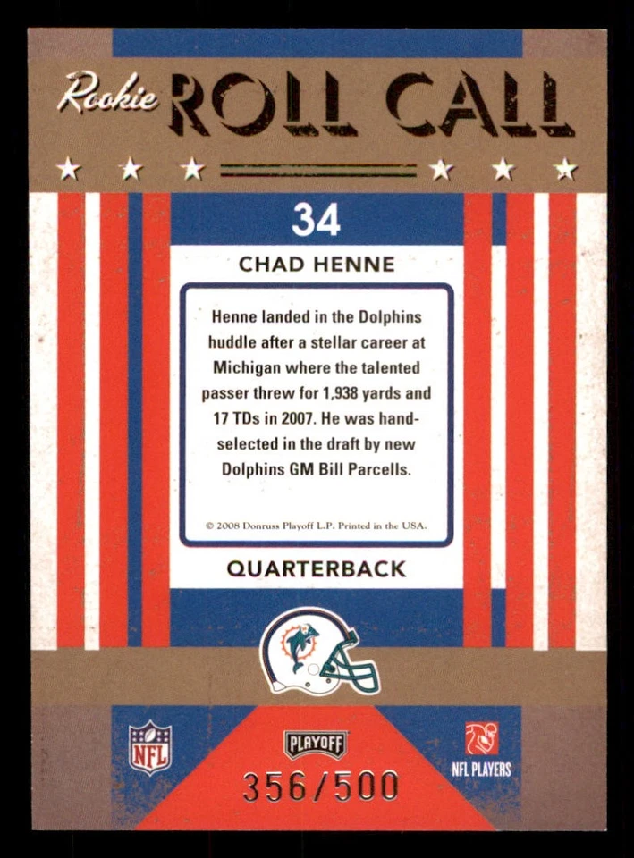 2008 Playoff Contenders Rookie Roll Call #34 Chad Henne /500 - Image 2 of 2