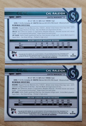 (2) 2022 Bowman #49 Cal Raleigh ROOKIE Cards RC - Seattle Mariners - Picture 2 of 2