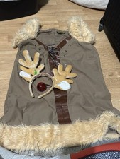 Brown reindeer costume with faux fur trim and antlers and red nose. Size L/XL