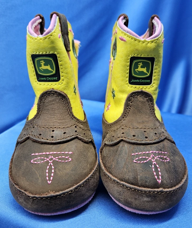 Baby Girl John Deere Boots 3mo Yellow with Flowers New Leather Upper - Image 2 of 4
