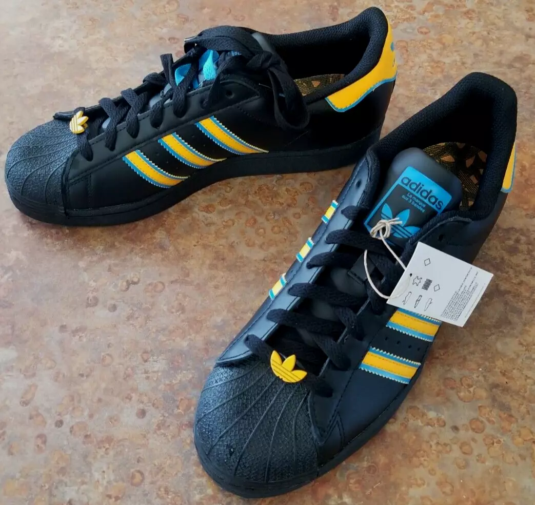 MEN'S ADIDAS SUPERSTAR ORIGINALS SHOES BLACK YELLOW BLUE,SHELL TOE, SZ  10 NWOB