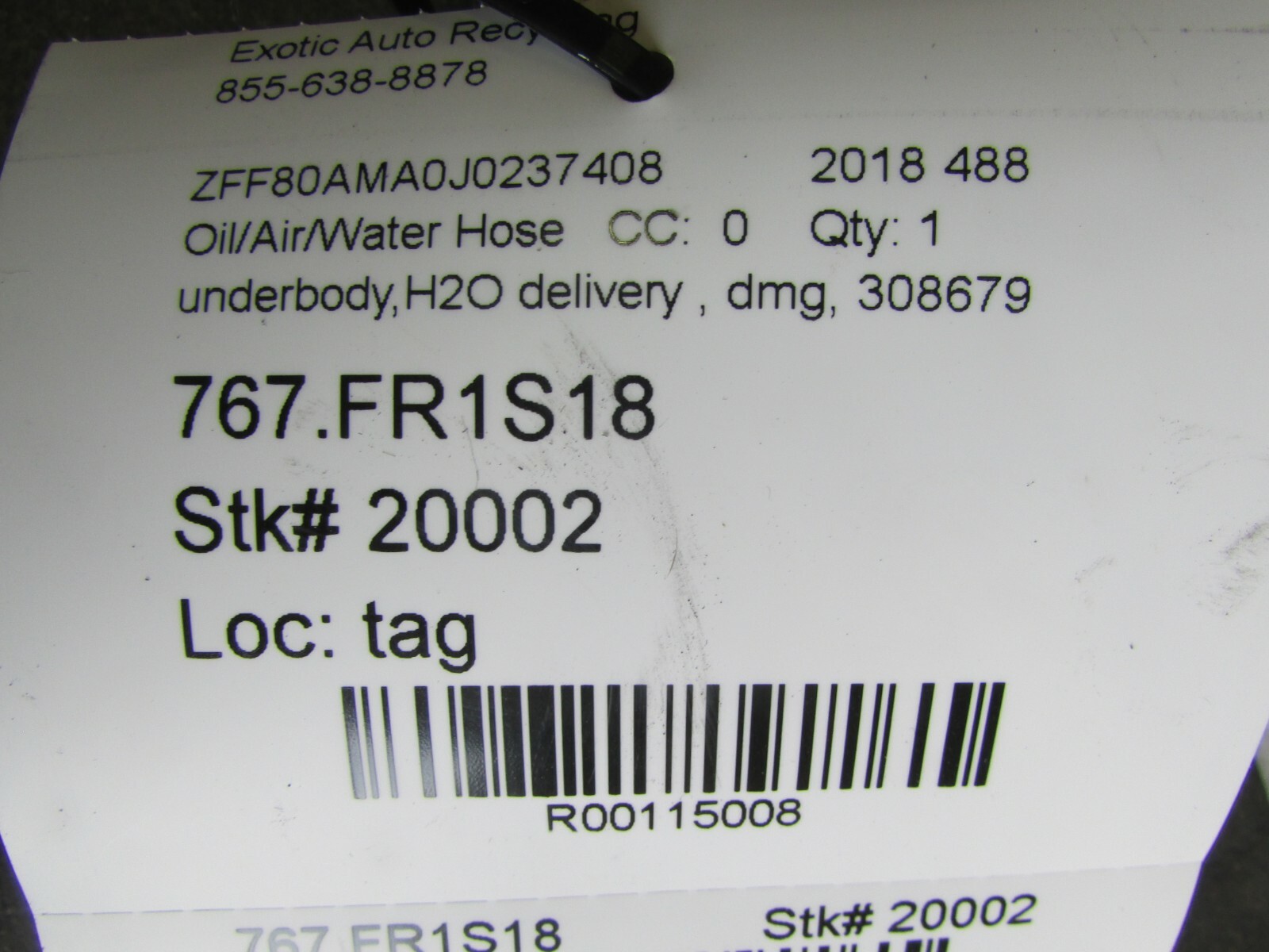 Ferrari 488, Underbody Water Delivery Hose, Used, P/N 308679