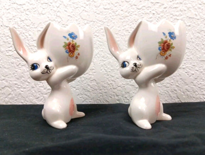 2 Vintage Ceramic Easter Bunny Rabbit Egg Holder Display Planter-Hand Painted