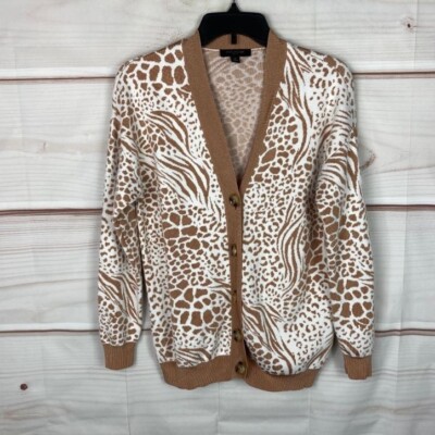 Ann Taylor Cardigan Womens PM Animal Print Button Up V-Neck Long Sleeve  Sweater