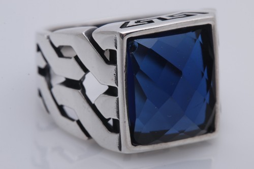 Turkish Style Handmade Jewelry Rectangle Sapphire925 Sterling Silver Men's Ring - Picture 2 of 8