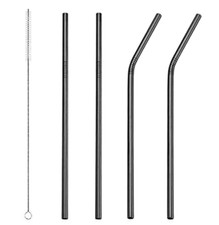 5pc Premium Stainless Steel Metal Black Reusable Extra Long Straws Kit inc Brush