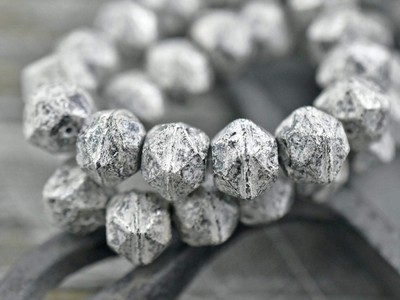 10mm Antique Silver Washed Black Czech Glass English Cut Round Beads - 10 Beads