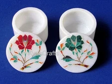 2.5" Marble Trinket Box Gemstone Inlay Work Salt and Pepper Box Set of 2 Piece