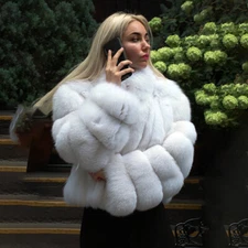 Women Full Pelt Natural Real Fox Fur Coat Jacket Short Warm Outwear Stand Collar