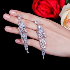 Cubic Zirconia Flowers Shape Elegant Long Dangling Drop Bridal Wedding Earrings 
