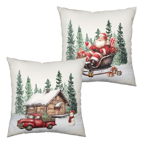 Christmas Santa Pillow Covers Set of 2 Snowy Cabin Red Truck Snowman Throw Pi... - Zdjęcie 1 z 7