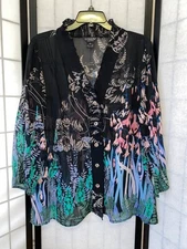 Citron Santa Monica Women's L-XL Black Floral Long Sleeves Silk Cotton Blouse