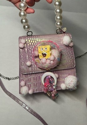 Cute Girls Womens Faux Leather Purse Handbag Crossbody SpongeBob Lavender Ooak