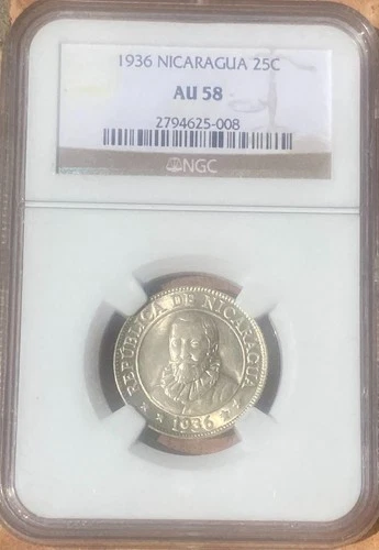 Nicaragua 1936 25 Centavos NGC AU 58 Blazing Luster