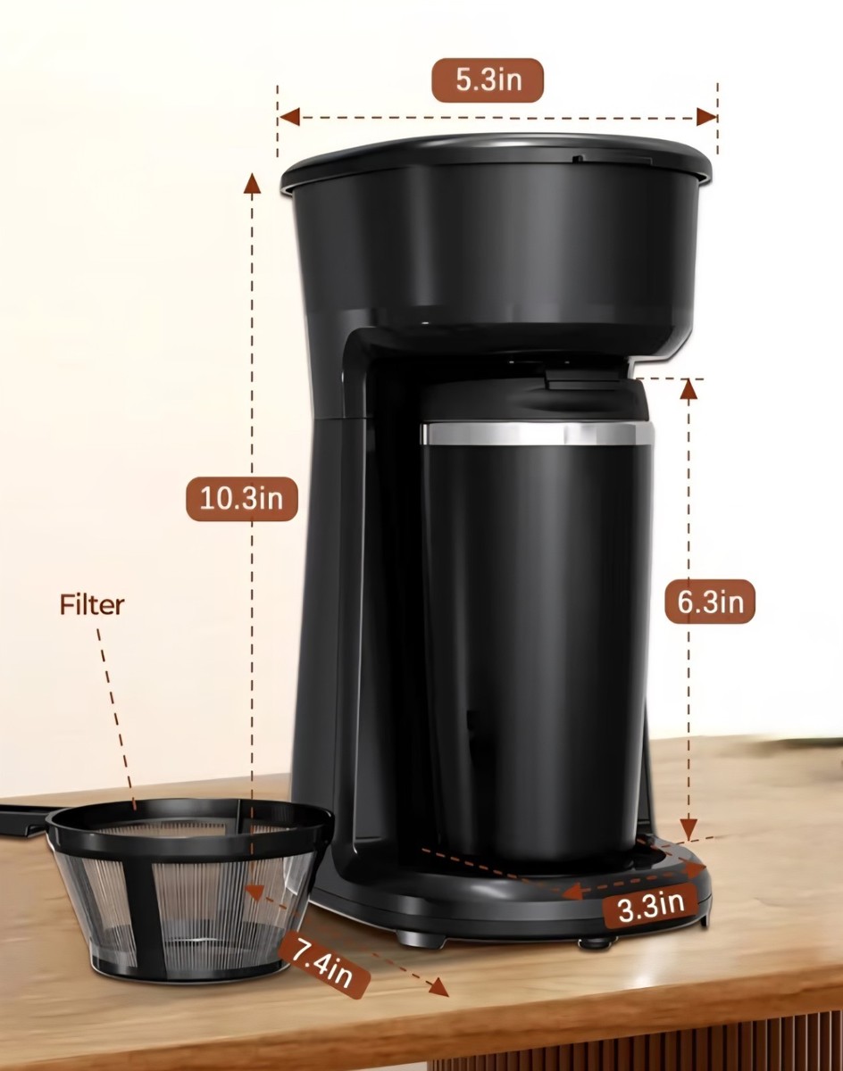 Compact Single Serve Coffee Maker with 14Oz Thermal Travel Mug, Black | eBay