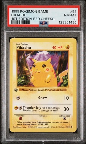 1999 POKEMON BASE SET 1ST EDITION-RED CHEEKS #58 PIKACHU PSA 8