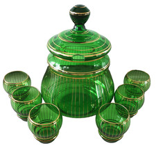Bowle Set Service Bowletopf 6 Gläser Glas grün gold antik Art Deco - 3,5 l