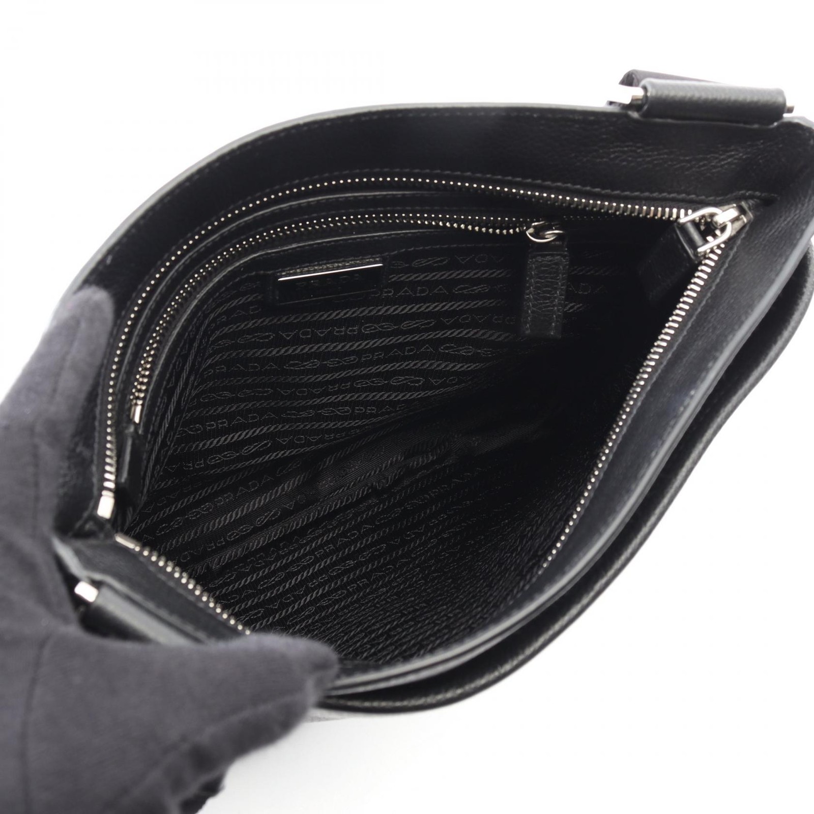 PRADA VITTELO Shoulder Crossbody Bag 2VH019 leather Black logo Used unisex thumbnail 3