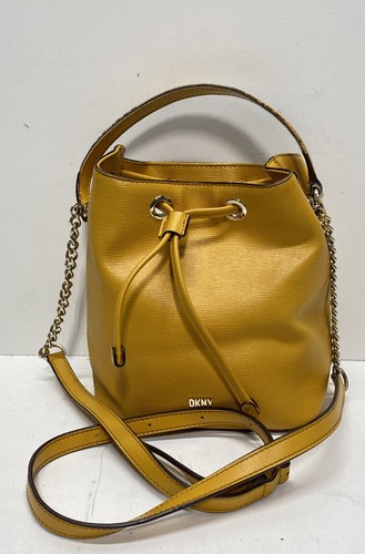 DKNY Yellow Textured Leather Drawstring Bucket Bag Gold Hardware Crossbody