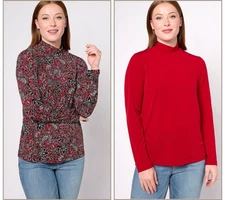 Susan Graver Women's Top Plus Sz 2X Print and Solid Liquid Knit Red A618799