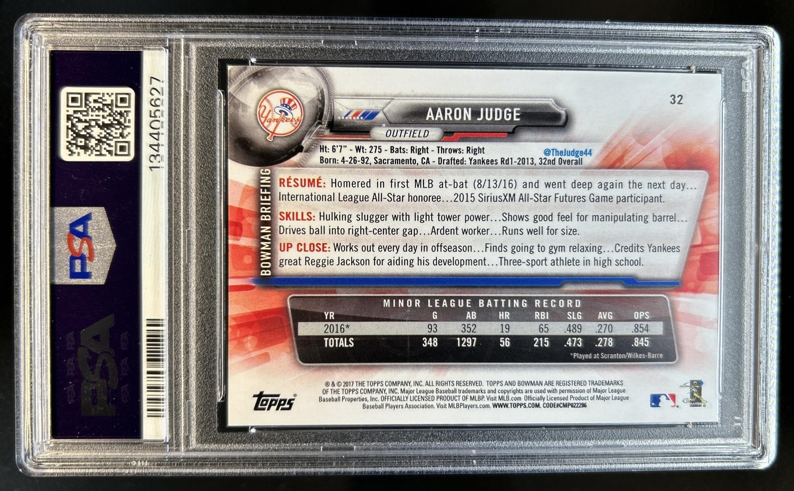 2017 Bowman Aaron Judge RC Rookie #32 New York Yankees PSA 6 view 2