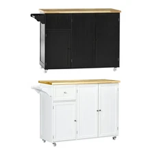 HOMCOM Kitchen Island on Wheels, Utility Serving Cart with Storage Cabinets