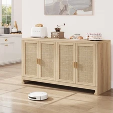 Rattan Sideboard Buffet Storage Cabinet Accent Cupboard with 4 Door & Shelves US