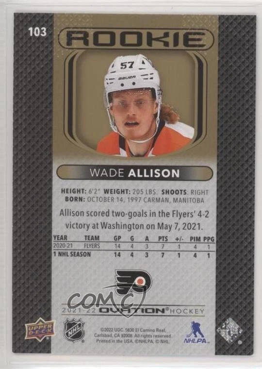 2021-22 Upper Deck Ovation Rookies Gold Foil Wade Allison #103 Rookie RC - Image 2 of 2