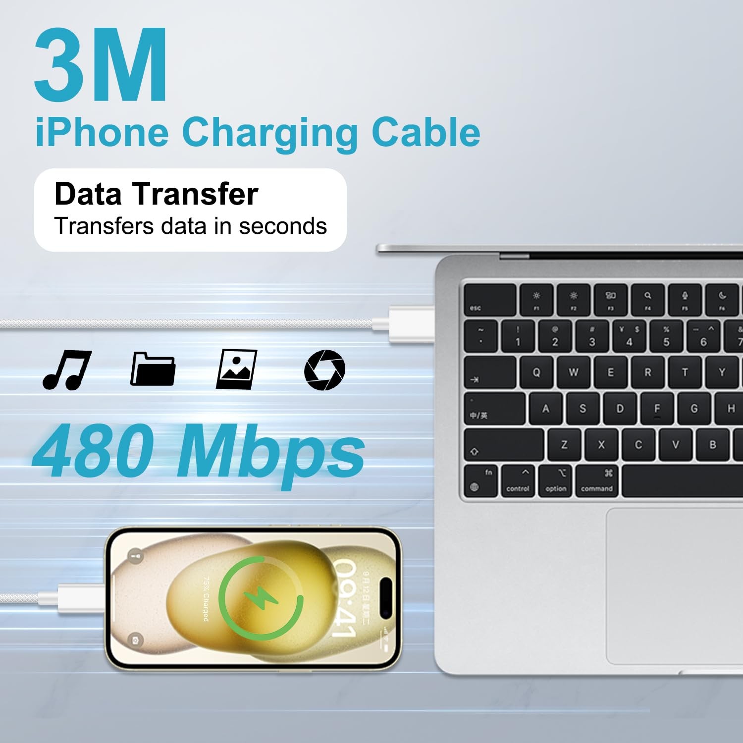 Chargeur USB C rapide pour iPhone avec long câble 3m en nylon