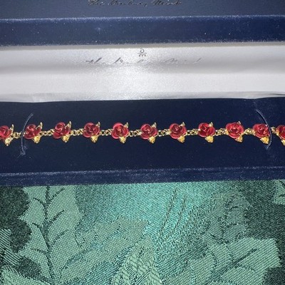 Rare Vintage Signed Danbury Mint Gold-tone Dozen Red Roses Bracelet 