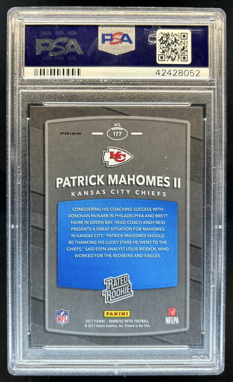2017 Panini Donruss Optic Patrick Mahomes II Pink RC Rated Rookie #177 PSA 10 view 2