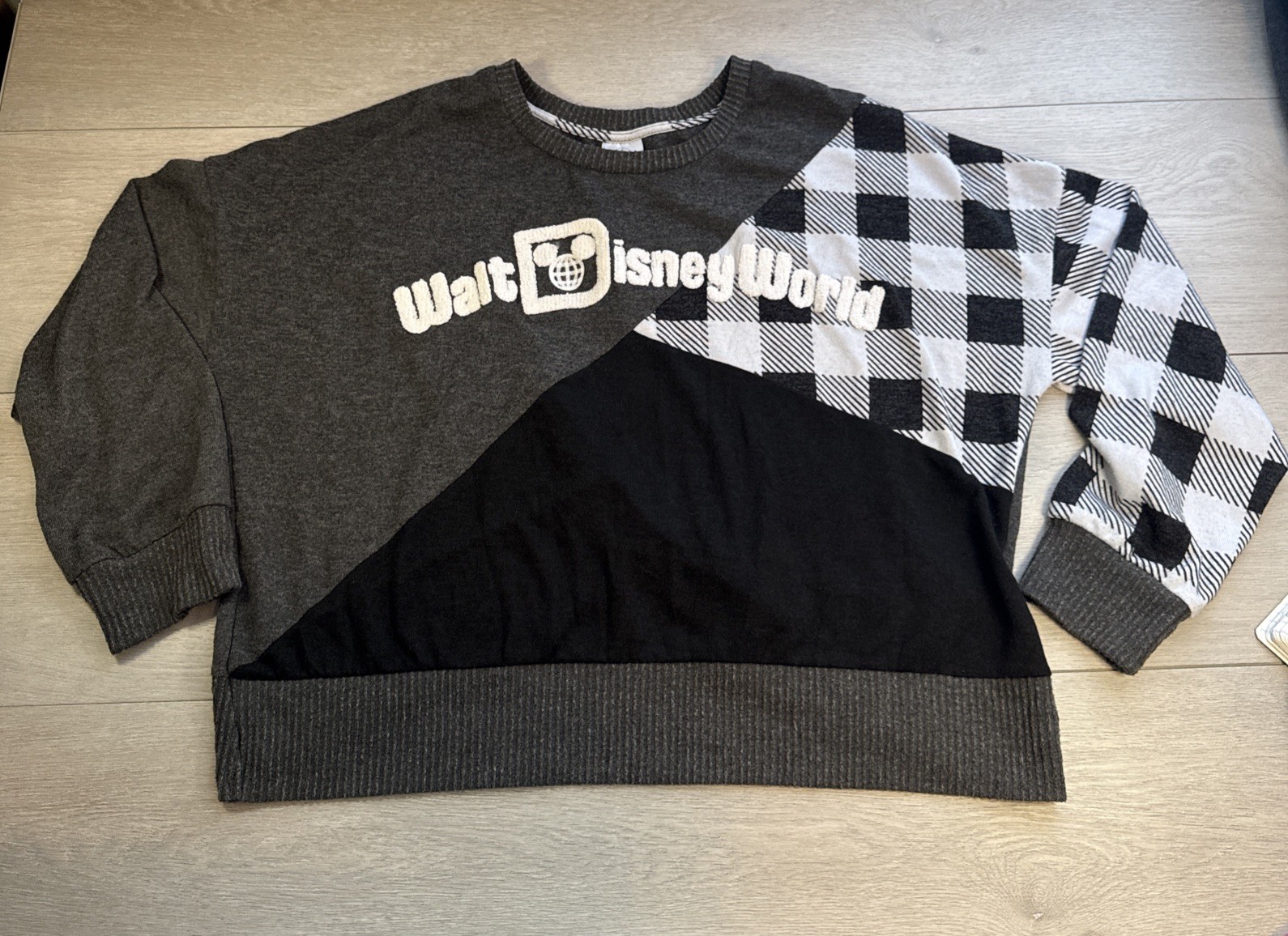 Disney XL Gray Black Patchwork Pullover Sweater C… - image 1
