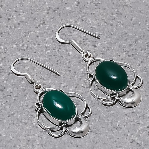 Green Onyx Earring 1.9" Oval Cabochon Gemstone Jewelry Gift Dangle/Drop MXE 5642 - Afbeelding 2 van 7