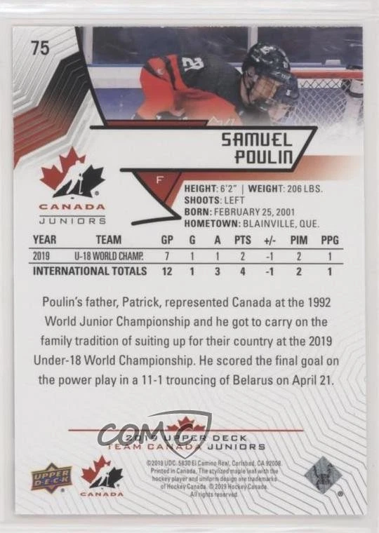 2019 Upper Deck Team Canada Juniors Exclusives /250 Samuel Poulin #75 - Image 2 of 2