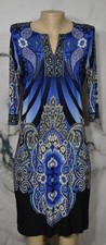 SANDRA DARREN Blue Black White Floral Paisley Print Tunic Dress 10 Slit Neckline