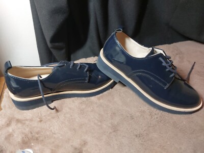 ZARA Navy Patent Leather Lace Up Girls School Shoes (2855) Size UK