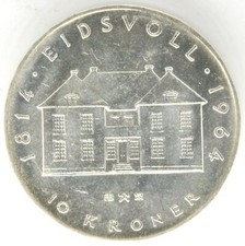 1964 Norway 10 Kroner 0.900 Silver Coin  Constitution Sesquicentennial KM# 413