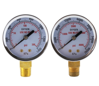 Low and High Pressure Gauges for Oxygen Regulator - 2 inches - 1/4'' NPT (PAIR)