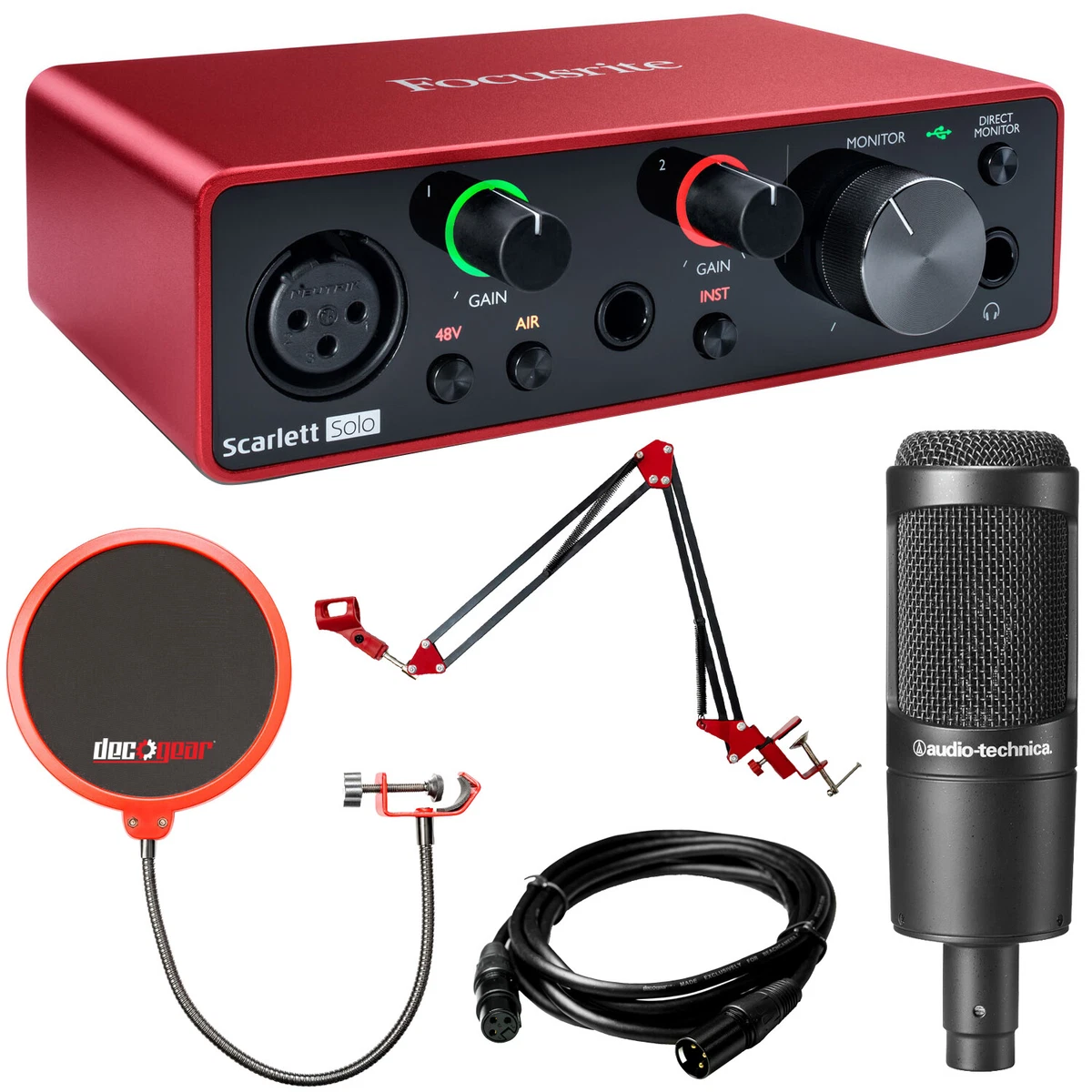 Focusrite Scarlett Solo USB Audio Interface 3rd Gen w/ AT2035 & Deco Gear Bundle