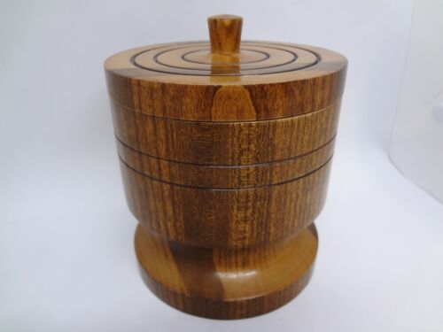 VINTAGE ROUND WOOD HAND CRAFTED TRINKET BOX WITH LID - MID CENTRY MODERN VIBES - Picture 1 of 6