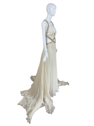 Maxi Vestido ROBERTO CAVALLI 2009 Vintage Pasarela Marfil Cadena Adornado Seda - Imagen 7 de 13
