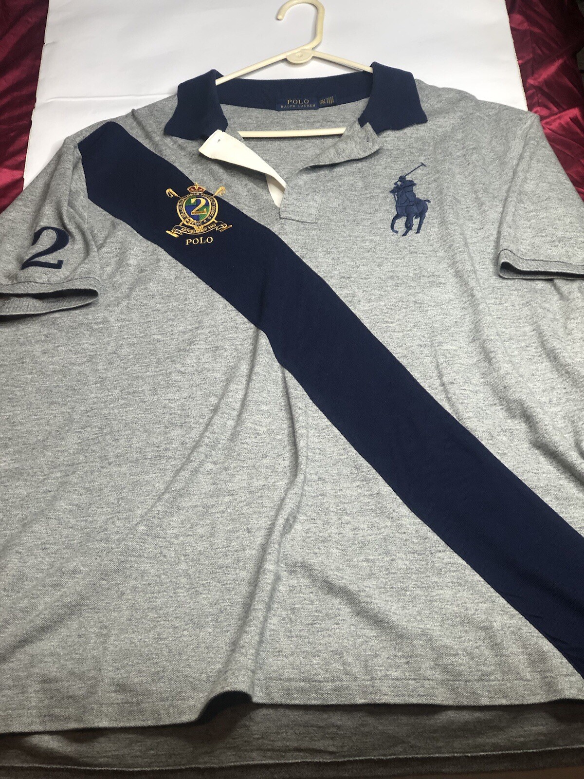 Polo Ralph Lauren grande e alta grande blu navy pony grigio camicia fascia scudo stemma XLT