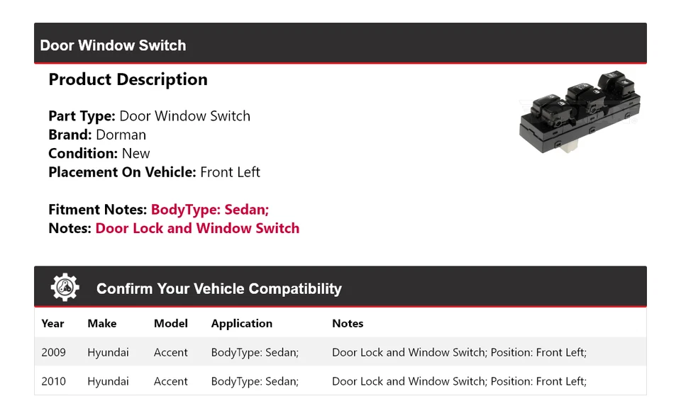 Para 2009-2010 Hyundai Accent Sedan Dorman interruptor de janela de porta dianteiro esquerdo - Imagem 2 de 4