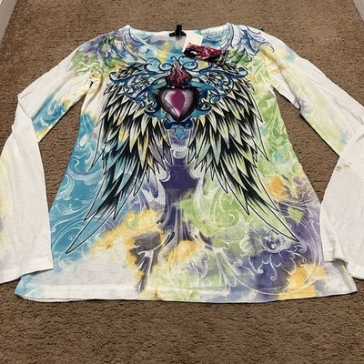 F.A.N.G. Women XL Y2K Long Sleeve Front & Back Graphic Wings w/ Tags *Blemish