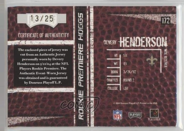 2004 Playoff Hogg Heaven Premiere Hoggs Wild /25 Devery Henderson #172 Rookie RC - Image 2 of 2