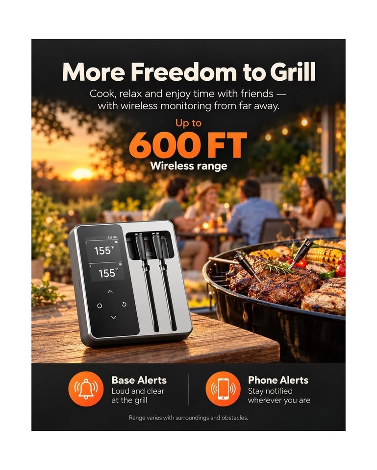 Using A Meat Probe Wireless Meat Thermometer, 2 Probes, Smart Base, 6 Sensors Sliver USA ...