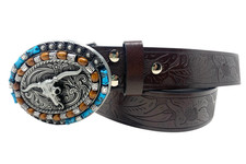 Womens Cowgirl Western Themed Faux Tooled Leather Brown Belt 35" - 41" Boho