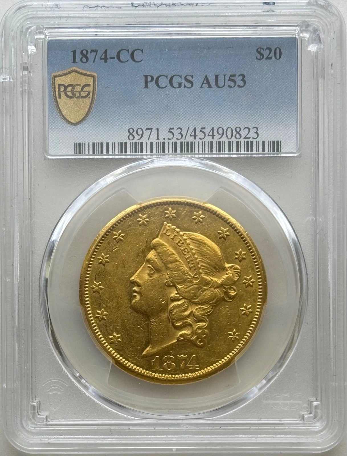 1874-CC $20 Gold Liberty Double Eagle PCGS AU 53 Carson City Beautiful WOW!!