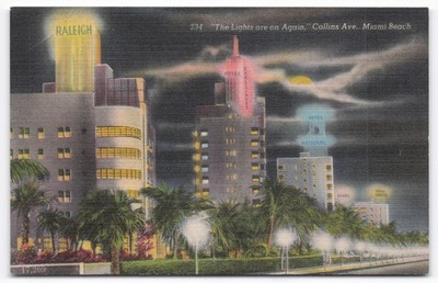 Vintage Miami Beach Collins Ave Raleigh Hotel Neon Night Postcard Colourpicture