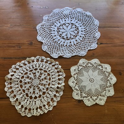 3 Vintage Hand Crocheted WHITE IVORY Round Doilies Grandma Cottage Core ROMANTIC